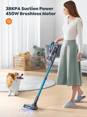 Cordless Vacuum Cleaner, 450W 38Kpa Stick Vacuum with Aromatherapy Design, Anti-Tangle Vacuum Cleaners for Home LED Smart Animation Display, Household Handheld Vacuum for Pet Hair/Carpet/Hard Floor