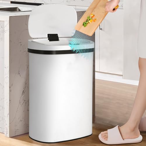 13 Gallon Kitchen Trash Can, Stainless Steel Motion Sensor Trash Can Automatic Trash Cans Touchless Garbage Can with Lid, Smart Trash Cans for Kitchen, Office, Room, Soft Close Lid, 50 Liter, White