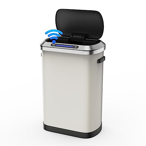 13 Gallon 50L White Automatic Smart Trash Can with Lid for Kitchen Office Bedroom Waste Bin and More, Stainless Steel Thickened Body and Super Mute Sensor Lid Garbage Can with 30 Count Garbage Bags