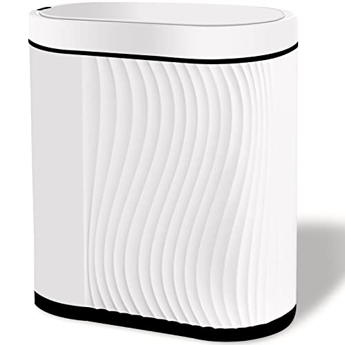 GloDeals Bathroom Trash Can with Lid Automatic Garbage Can, 2 Gallon Slim Smart Trash Can, Small Plastic Trash Bin, Touchless Motion Sensor Trash Can for Bedroom, Bathroom, Office (Cream/Black Trim)