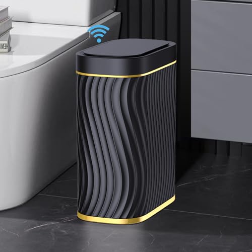 steo spce Bathroom Small Trash Can with Automatic Touchless Lid, 2.6 Gallon Smart Garbage Can Narrow Waterproof Trash Bin for Bedroom, Office, Living Room (Black) (Glod Black)