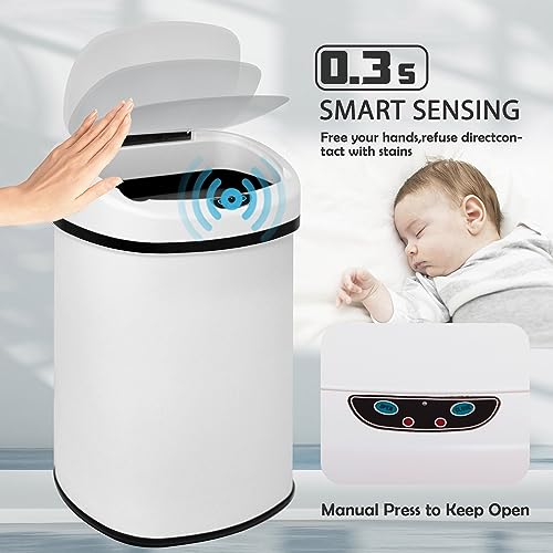 13 Gallon Kitchen Trash Can, Stainless Steel Motion Sensor Trash Can Automatic Trash Cans Touchless Garbage Can with Lid, Smart Trash Cans for Kitchen, Office, Room, Soft Close Lid, 50 Liter, White