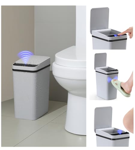 QSFWCSM Bathroom Trash can,Smart Touchless Trash Can,Automatic Motion Sensor Compost Bin with Lid,2.4 Gallon Plastic PP Rubbish Can, Kitchen, Bathroom, Office, Bedroom Trash can (Grey)