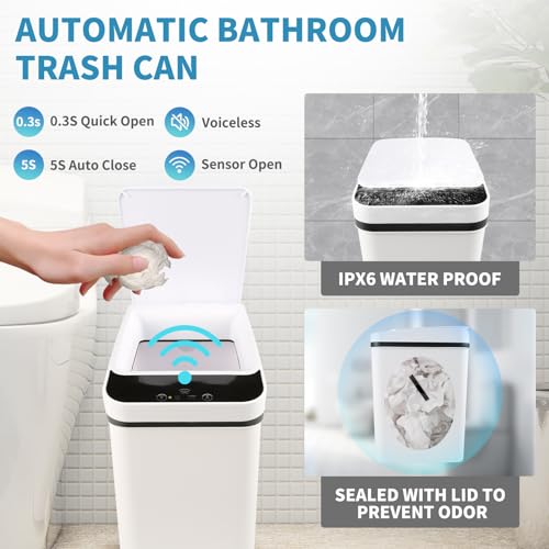 2 Pack Automatic Bathroom Trash Can with Lid & 40Pcs Trash Bags 3.2 Gallon Touchless Garbage Can Smart Trash Can Slim Waterproof Motion Sensor Bathroom Trash Can for Bedroom, Bathroom, Kitchen
