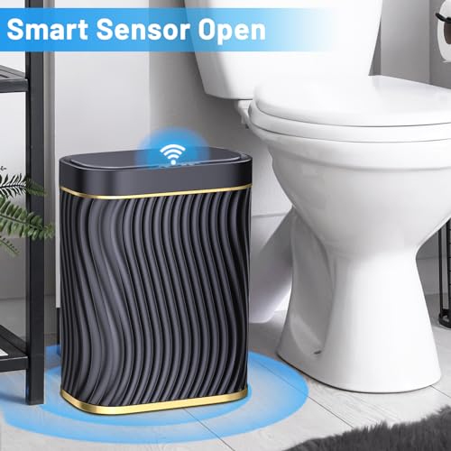 steo spce Bathroom Small Trash Can with Automatic Touchless Lid, 2.6 Gallon Smart Garbage Can Narrow Waterproof Trash Bin for Bedroom, Office, Living Room (Black) (Glod Black)
