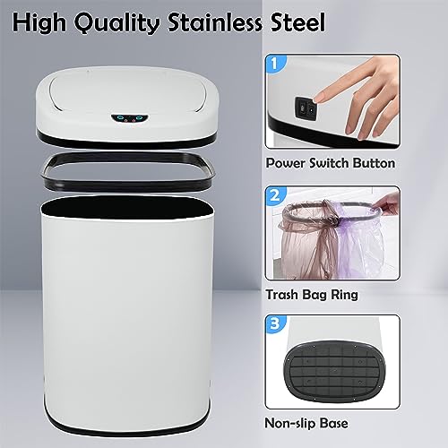 13 Gallon Kitchen Trash Can, Stainless Steel Motion Sensor Trash Can Automatic Trash Cans Touchless Garbage Can with Lid, Smart Trash Cans for Kitchen, Office, Room, Soft Close Lid, 50 Liter, White