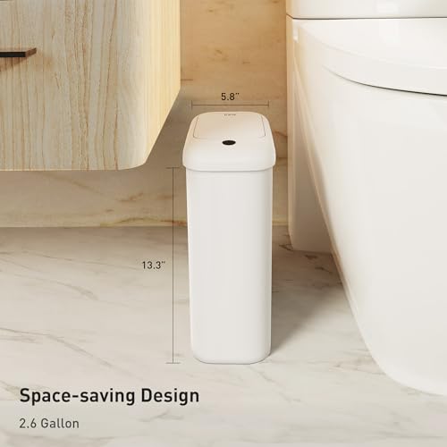 EKO Automatic Bathroom Trash Can with Lid, 2.6 Gallon Slim Touchless Bathroom Garbage Can, Waterproof Motion Sensor Trash Can for Bathroom, Office, Kitchen, White