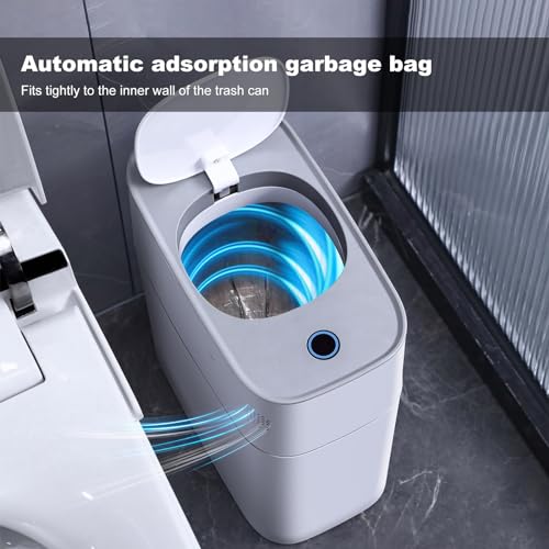 JOYBOS Bathroom Trash Can with Lid, Automatic Bagging Garbage Can, 3.8 Gallon Slim Smart Small Plastic Trash Bin, Narrow Motion Sensor Trash Can for Bedroom, Rv, Office White