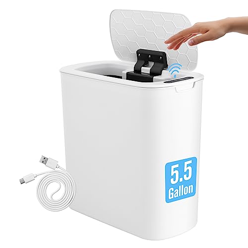 TrashAid Touchless Bathroom Trash Can with Lid, 5.5 gallon Rechargeable Motion Sensor Slim Trash Bin Automatic, Smart Plastic Garbage Can White Wastebasket for Toilet, Office, rv, Bedroom, Living Room