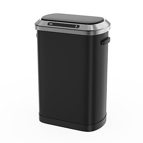 pouseayar 13 Gallon Smart Automatic Trash Can with Lid, Stainless Steel Thickened Body & Super Mute Sensor Lid with 30 Count Garbage Bags for Kitchen Office Bedroom Waste Bin and More - Black