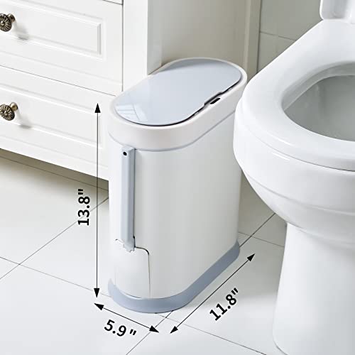 ELPHECO Bathroom Slim Plastic Trash Can with Toilet Brush 2.5 Gallon Waterproof Smart Garbage can with lid Motion Sensor Waste Bin Automatic Garbage Bin for Bathroom(White)