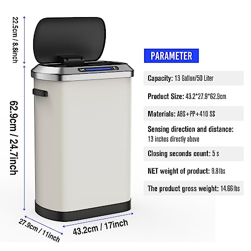 13 Gallon 50L White Automatic Smart Trash Can with Lid for Kitchen Office Bedroom Waste Bin and More, Stainless Steel Thickened Body and Super Mute Sensor Lid Garbage Can with 30 Count Garbage Bags
