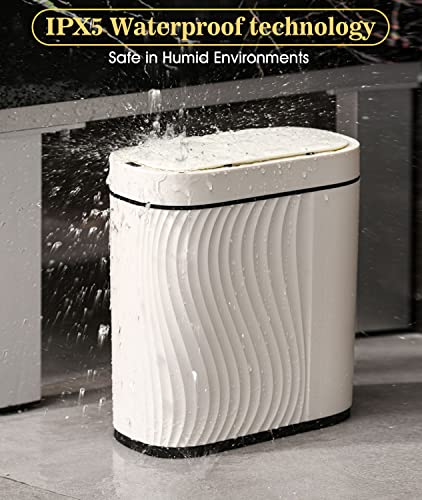 GloDeals Bathroom Trash Can with Lid Automatic Garbage Can, 2 Gallon Slim Smart Trash Can, Small Plastic Trash Bin, Touchless Motion Sensor Trash Can for Bedroom, Bathroom, Office (Cream/Black Trim)
