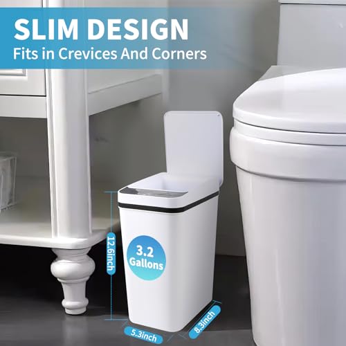 2 Pack Automatic Bathroom Trash Can with Lid & 40Pcs Trash Bags 3.2 Gallon Touchless Garbage Can Smart Trash Can Slim Waterproof Motion Sensor Bathroom Trash Can for Bedroom, Bathroom, Kitchen