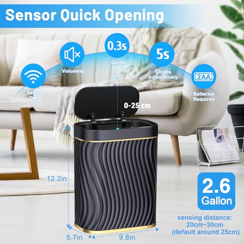 steo spce Bathroom Small Trash Can with Automatic Touchless Lid, 2.6 Gallon Smart Garbage Can Narrow Waterproof Trash Bin for Bedroom, Office, Living Room (Black) (Glod Black)