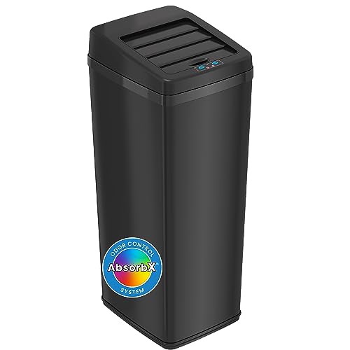 iTouchless 14 Gallon Sliding Lid Automatic Sensor Trash Can with Odor Filter System, 52 Liter Black Steel Touchless Kitchen Garbage Bin, Matte Black