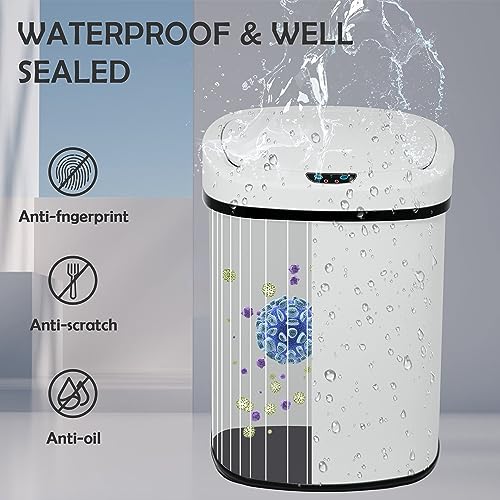 13 Gallon Kitchen Trash Can, Stainless Steel Motion Sensor Trash Can Automatic Trash Cans Touchless Garbage Can with Lid, Smart Trash Cans for Kitchen, Office, Room, Soft Close Lid, 50 Liter, White