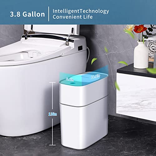 JOYBOS Bathroom Trash Can with Lid, Automatic Bagging Garbage Can, 3.8 Gallon Slim Smart Small Plastic Trash Bin, Narrow Motion Sensor Trash Can for Bedroom, Rv, Office White