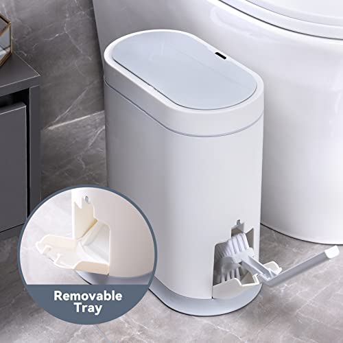 ELPHECO Bathroom Slim Plastic Trash Can with Toilet Brush 2.5 Gallon Waterproof Smart Garbage can with lid Motion Sensor Waste Bin Automatic Garbage Bin for Bathroom(White)