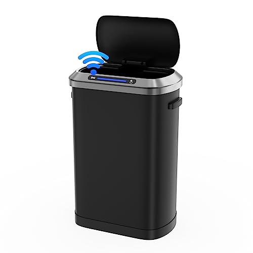 pouseayar 13 Gallon Smart Automatic Trash Can with Lid, Stainless Steel Thickened Body & Super Mute Sensor Lid with 30 Count Garbage Bags for Kitchen Office Bedroom Waste Bin and More - Black