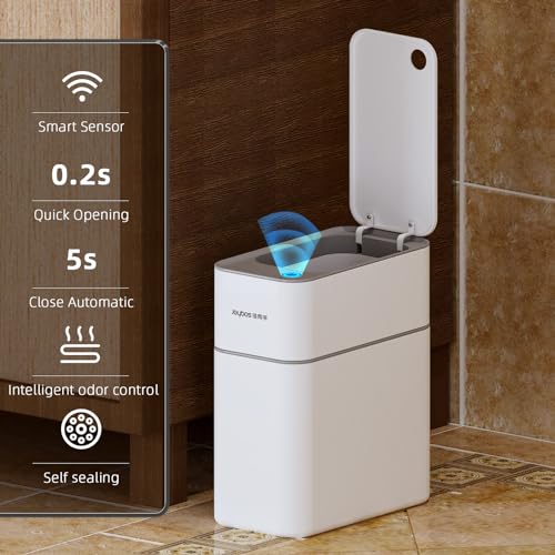 funest Bathroom Garbage Can with a Lid,3.5 Gallon Touchless Motion Sensor Trash Can,Automatic Adsorption,Electric Slim Small Smart Diaper Trash Bin for Toilet,Kitchen,Bedroom,White