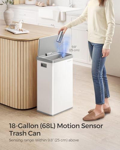 SONGMICS Motion Sensor Trash Can, 18-Gallon (68L) Automatic Kitchen Garbage Can with Stay-Open Lid, Soft Close, Stainless Steel, 15 Trash Bags Included, Cloud White ULTB630W68
