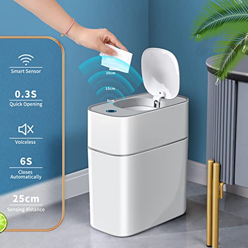 JOYBOS Bathroom Trash Can with Lid, Automatic Bagging Garbage Can, 3.8 Gallon Slim Smart Small Plastic Trash Bin, Narrow Motion Sensor Trash Can for Bedroom, Rv, Office White