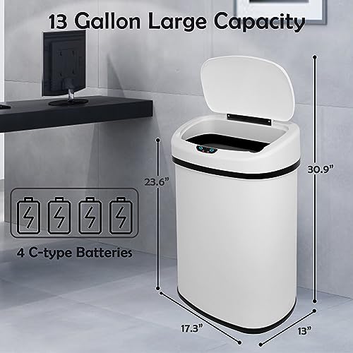 13 Gallon Kitchen Trash Can, Stainless Steel Motion Sensor Trash Can Automatic Trash Cans Touchless Garbage Can with Lid, Smart Trash Cans for Kitchen, Office, Room, Soft Close Lid, 50 Liter, White