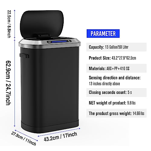 pouseayar 13 Gallon Smart Automatic Trash Can with Lid, Stainless Steel Thickened Body & Super Mute Sensor Lid with 30 Count Garbage Bags for Kitchen Office Bedroom Waste Bin and More - Black