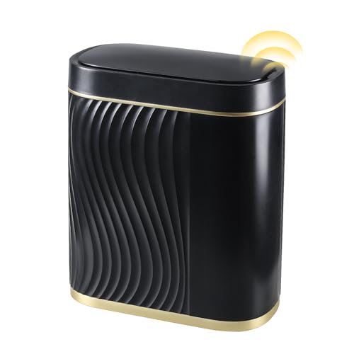 SYNCVIBE Bathroom Small Trash Can 2 Gallon Black Sensor Garbage Can with Lid, Plastic Automatic Trash Bin, Slim Motion Sensor Trash Can, Waterproof Smart Waste Bin for Living Room, Office, Bedroom