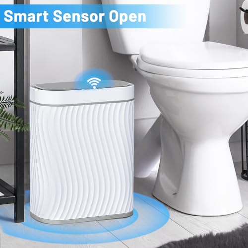 Bathroom Small Trash Can with Automatic Touchless Lid, 2.6 Gallon Smart Garbage Can Narrow Waterproof Trash Bin for Bedroom, Office, Living Room (Grey)