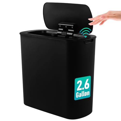 TIPGO Automatic Bathroom Trash Can with Lid, 2.6 Gallon Touchless Motion Sensor Garbage Can, Smart Plastic Slim Wastebasket for Bedroom, Office, Dorm (Black)