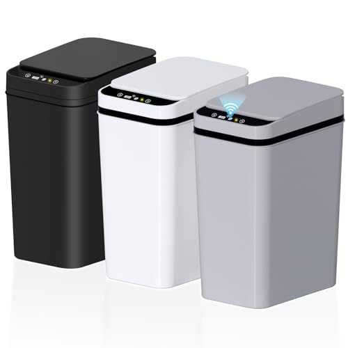 jinligogo 3Pack Bathroom Small Trash Can with Lid, 2.2 Gallon Touchless Automatic Garbage Can Slim Waterproof Motion Sensor Smart Trash Bin for Bedroom, Office, Living Room White/Black/Grey