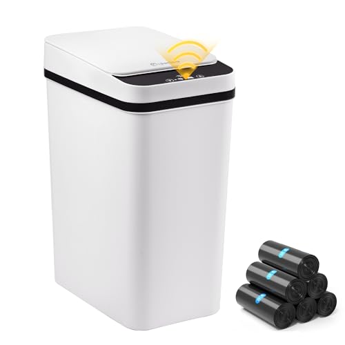 LJIACLEA 4 Gallon Bathroom Smart Touchless Trash Can for Kitchen Automatic Motion Sensor Rubbish Can with Lid Waterproof Narrow Small Garbage Bin for Kitchen, Toilet, Bedroom, RV(Black,Battery)