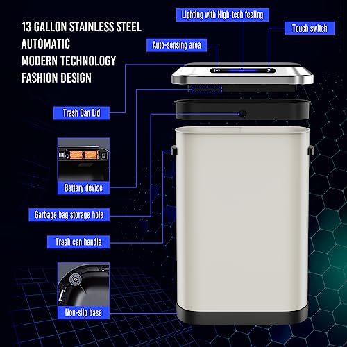 13 Gallon 50L White Automatic Smart Trash Can with Lid for Kitchen Office Bedroom Waste Bin and More, Stainless Steel Thickened Body and Super Mute Sensor Lid Garbage Can with 30 Count Garbage Bags