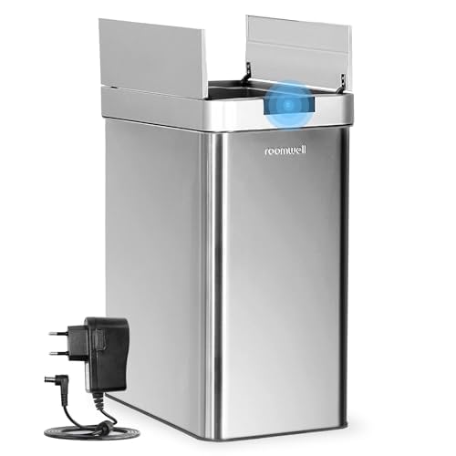 ROOMWELL Automatic Trash Can Kitchen 13+ Gallon - Stainless Steel Garbage Can Touchless with Motion Sensor Lid and Infrared Light with AC Power Adapter (13 Gallon)
