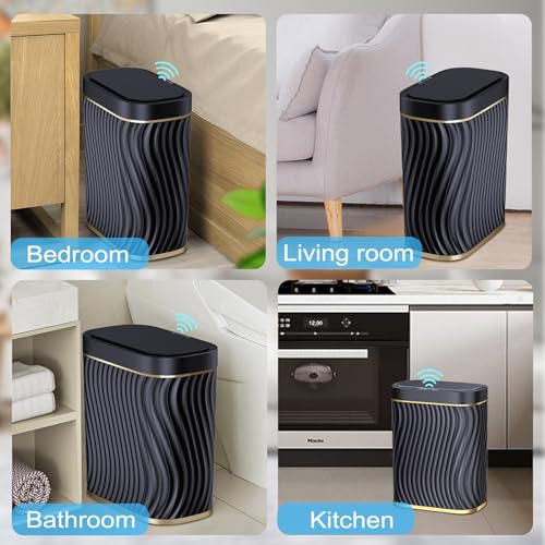 steo spce Bathroom Small Trash Can with Automatic Touchless Lid, 2.6 Gallon Smart Garbage Can Narrow Waterproof Trash Bin for Bedroom, Office, Living Room (Black) (Glod Black)