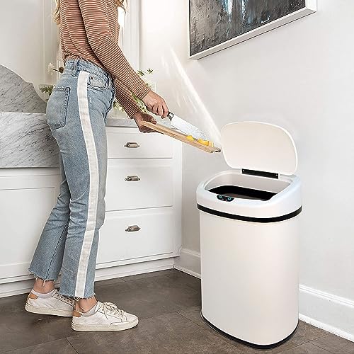 13 Gallon Kitchen Trash Can, Stainless Steel Motion Sensor Trash Can Automatic Trash Cans Touchless Garbage Can with Lid, Smart Trash Cans for Kitchen, Office, Room, Soft Close Lid, 50 Liter, White