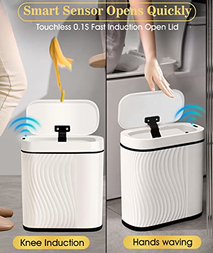 GloDeals Bathroom Trash Can with Lid Automatic Garbage Can, 2 Gallon Slim Smart Trash Can, Small Plastic Trash Bin, Touchless Motion Sensor Trash Can for Bedroom, Bathroom, Office (Cream/Black Trim)