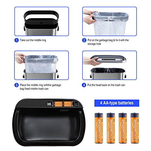 pouseayar 13 Gallon Smart Automatic Trash Can with Lid, Stainless Steel Thickened Body & Super Mute Sensor Lid with 30 Count Garbage Bags for Kitchen Office Bedroom Waste Bin and More - Black