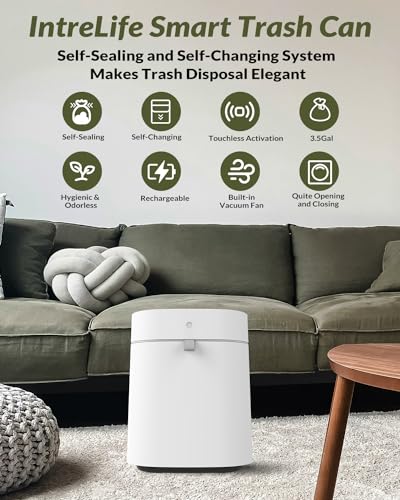 IntreLife Automatic Trash Can, 3.5 Gallon Self-Sealing and Self-Changing Smart Trash Can, Rechargeable Touchless Motion Sensor Trash Bin with lid for Bathroom Kitchen Office Bedroom