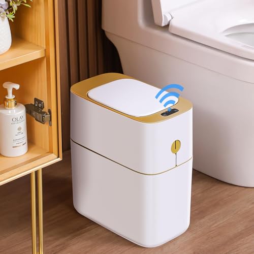 JUDRDO Bathroom Trash Can Automatic 3.5 Gallon Garbage Can - Touchless Gold Trash Can with Lid, Small Plastic Slim Waste Basket for Bedroom, Office, Living Room, Toilet, Laundry, Dormitory