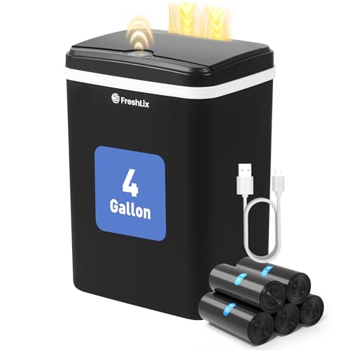 FRESHLIX Automatic Bathroom Garbage Bin with Lid, 4 Gallon Touchless Trash Bin, Smart Electric Narrow Waterproof Trash Can for Toilet, Office, Kitchen, Bedroom, Living Room -Black