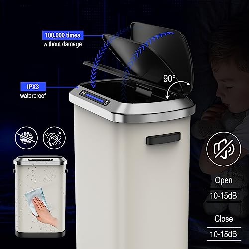 13 Gallon 50L White Automatic Smart Trash Can with Lid for Kitchen Office Bedroom Waste Bin and More, Stainless Steel Thickened Body and Super Mute Sensor Lid Garbage Can with 30 Count Garbage Bags