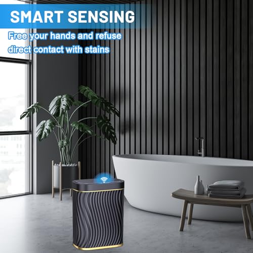 steo spce Bathroom Small Trash Can with Automatic Touchless Lid, 2.6 Gallon Smart Garbage Can Narrow Waterproof Trash Bin for Bedroom, Office, Living Room (Black) (Glod Black)