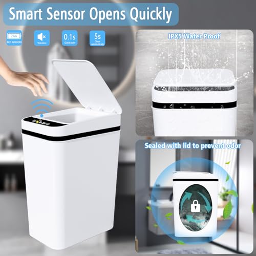 jinligogo Bathroom Small Trash Can with Lid, 3.5 Gallon Touchless Automatic Garbage Can Slim Waterproof Motion Sensor Smart Trash Bin for Bedroom, Office, Living Room-White