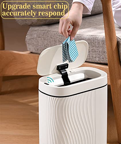 GloDeals Bathroom Trash Can with Lid Automatic Garbage Can, 2 Gallon Slim Smart Trash Can, Small Plastic Trash Bin, Touchless Motion Sensor Trash Can for Bedroom, Bathroom, Office (Cream/Black Trim)