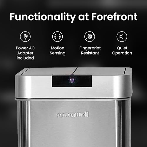 ROOMWELL Automatic Trash Can Kitchen 13+ Gallon - Stainless Steel Garbage Can Touchless with Motion Sensor Lid and Infrared Light with AC Power Adapter (13 Gallon)