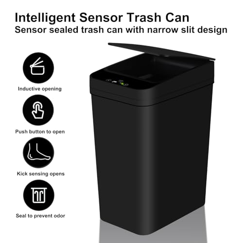 Eidustor Bathroom Automatic Trash Can 2.2 Gallon Touchless Smart Motion Sensor Garbage Can with Lids Small Narrow Electric Garbage Bin for Bedroom Living Room Office (Black)