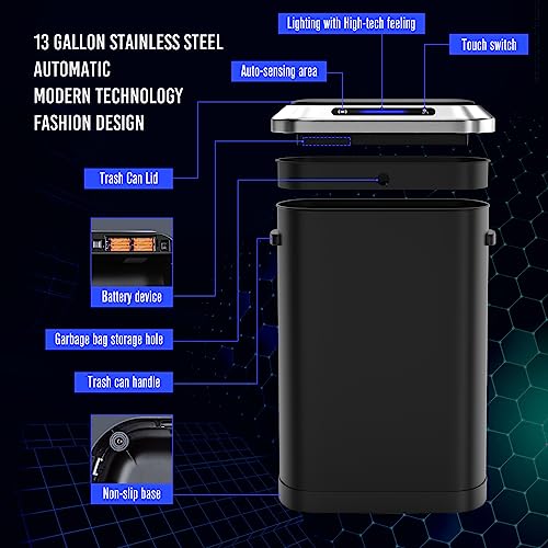 pouseayar 13 Gallon Smart Automatic Trash Can with Lid, Stainless Steel Thickened Body & Super Mute Sensor Lid with 30 Count Garbage Bags for Kitchen Office Bedroom Waste Bin and More - Black